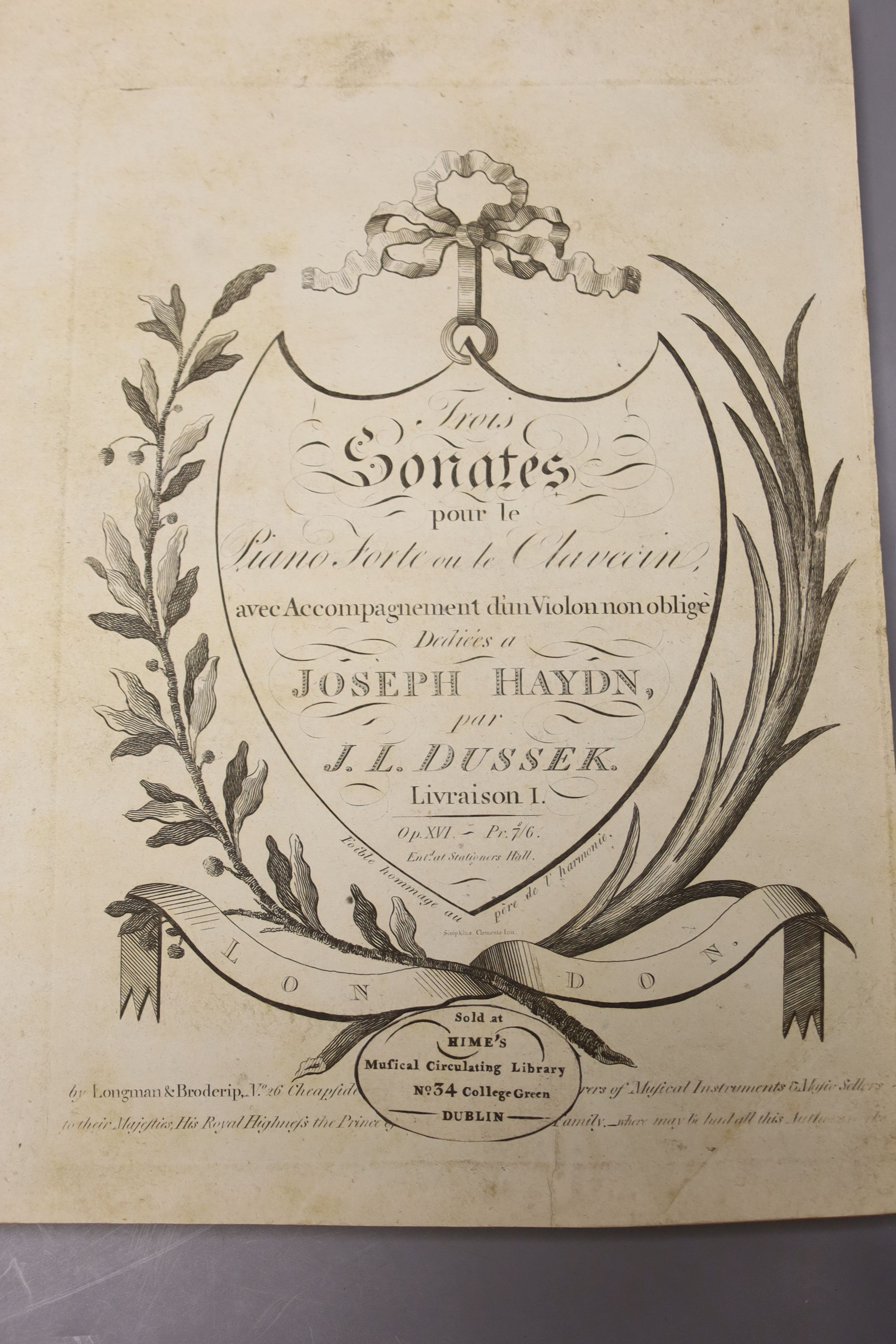 Music Volume, includes J.L. Dussek’s Trois Sonates pour le Piano Forte on le Clavecin…, engraved pictorial title, Longman & Broderip; Muzio Clementi’s Two Sonatas and Two Capriccios for the Piano Forte …, engraved title,